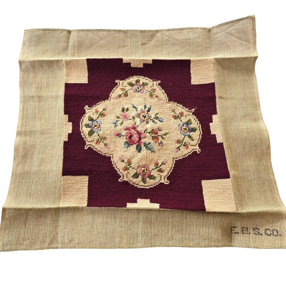 Vintage Needlepoint Unfinished Cover for Pillow Multicolored Floral Burgundy